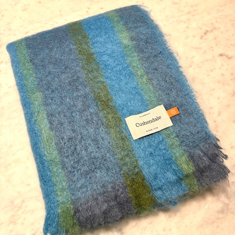 Cushendale Kilkenny Ireland Mohair Wool Striped Throw Blue/Green 70x108cm